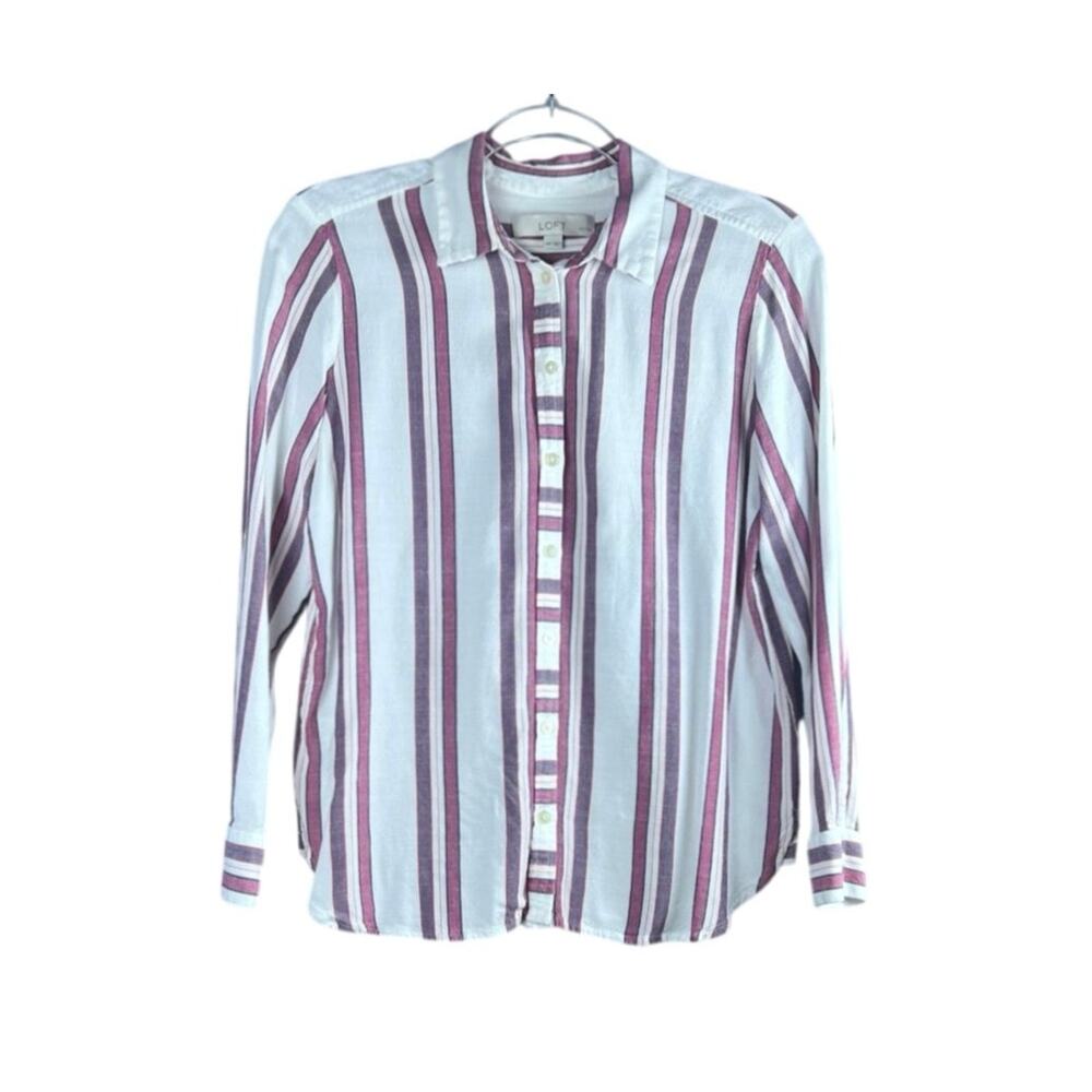 LOFT Petites Cream Striped Rayon Button Up Blouse Boyfriend Fit Size MP - Picture 2 of 4